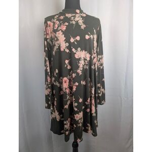 Impressions Floral Swing Dress SZ Medium Olive Green New Cutout Back Mock‎ Neck